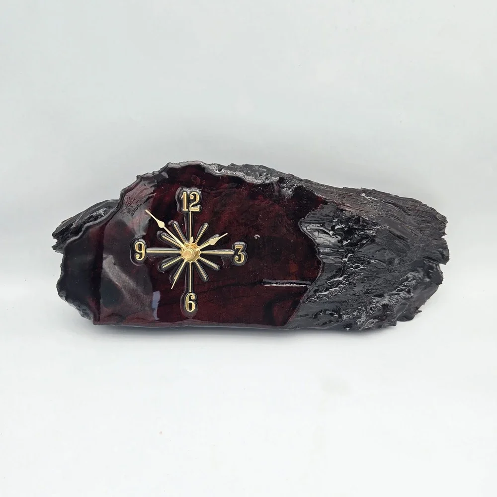 Vintage Lacquered Live Edge Wood Slab Wall Clock Dark MCM Brutalist Needs Repair